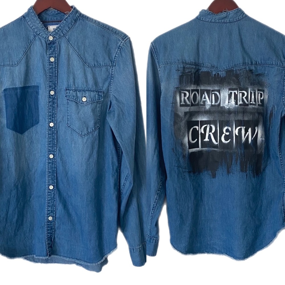 NSF + GAP Shirt Road Trip Crew Graphic Denim Distressed Faded Frayed Hem Sz M